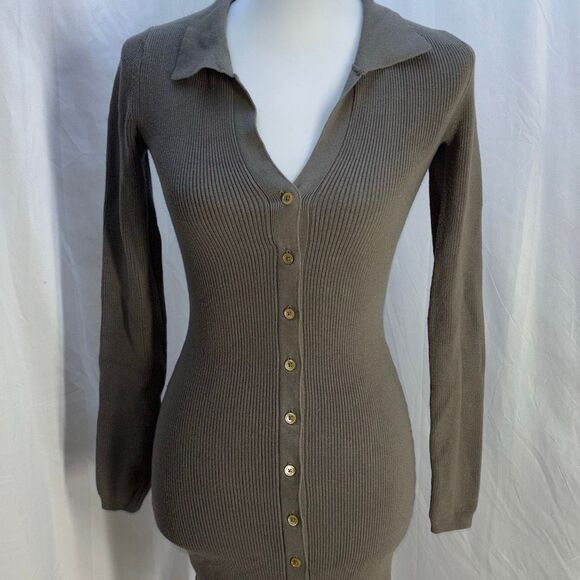 WIlfred Aritzia cardigan button front sweater dress Sz XS khaki green mushroom - Picture 3 of 10